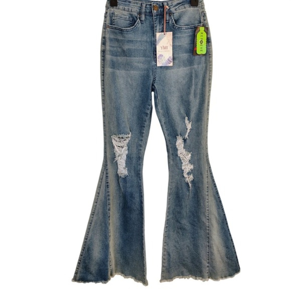 YMI Gigi Fit‎ Distressed Flare Bell Bottom Jeans Blue Medium Wash Size 9/29 NEW